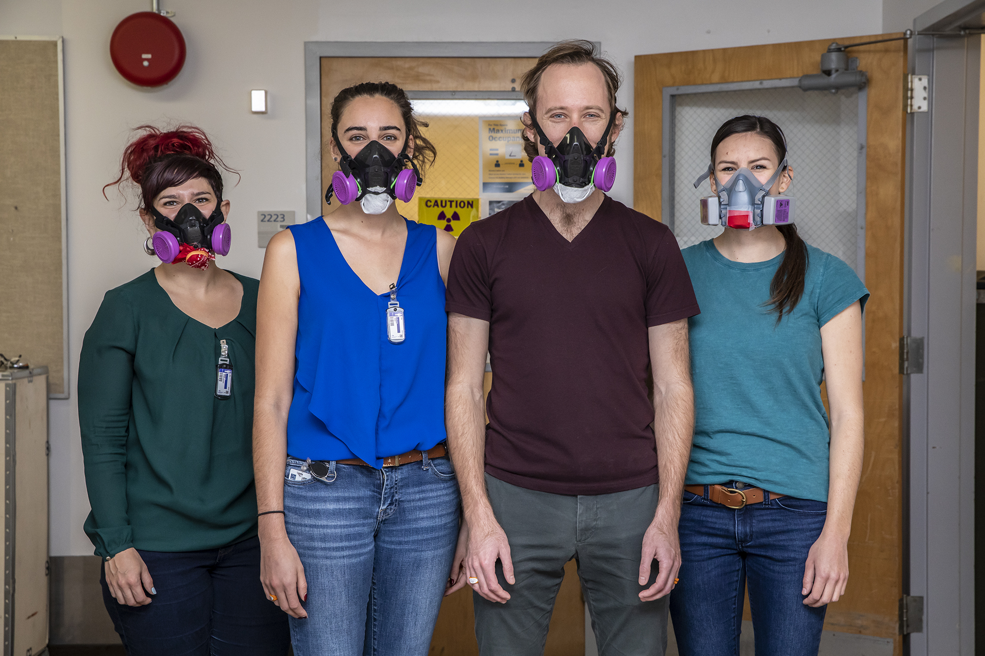 Leticia Arnedo -Sanchez (from left), Katherine Shield, Korey Carter, Jennifer Wacker wearing respirators at Lawrence Berkeley National Laboratory