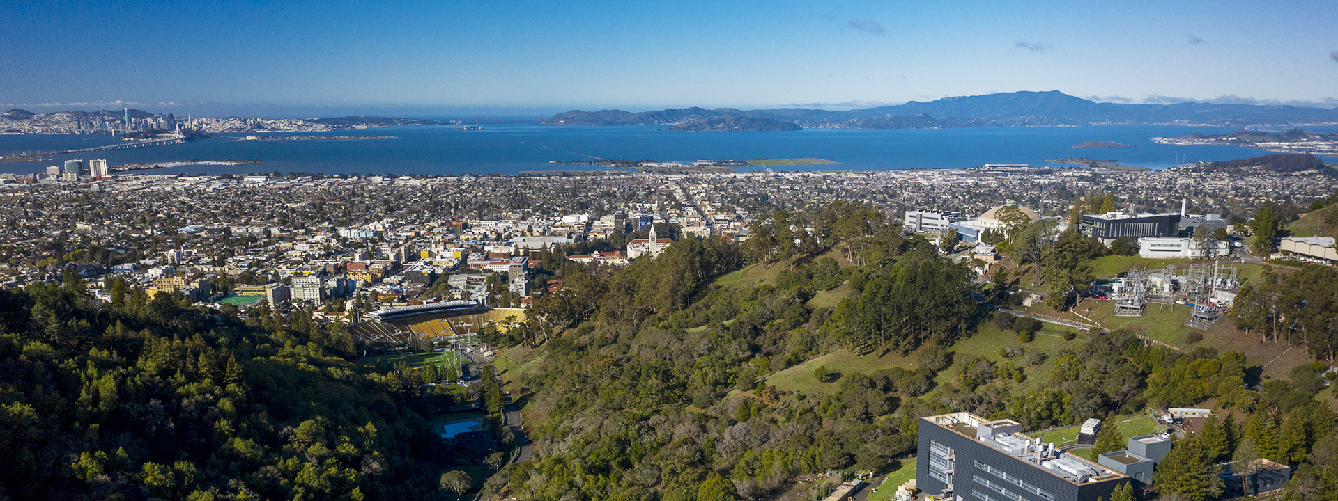 Aerial view overlooking Berkeley Lab with San Francisco Bay in the distance