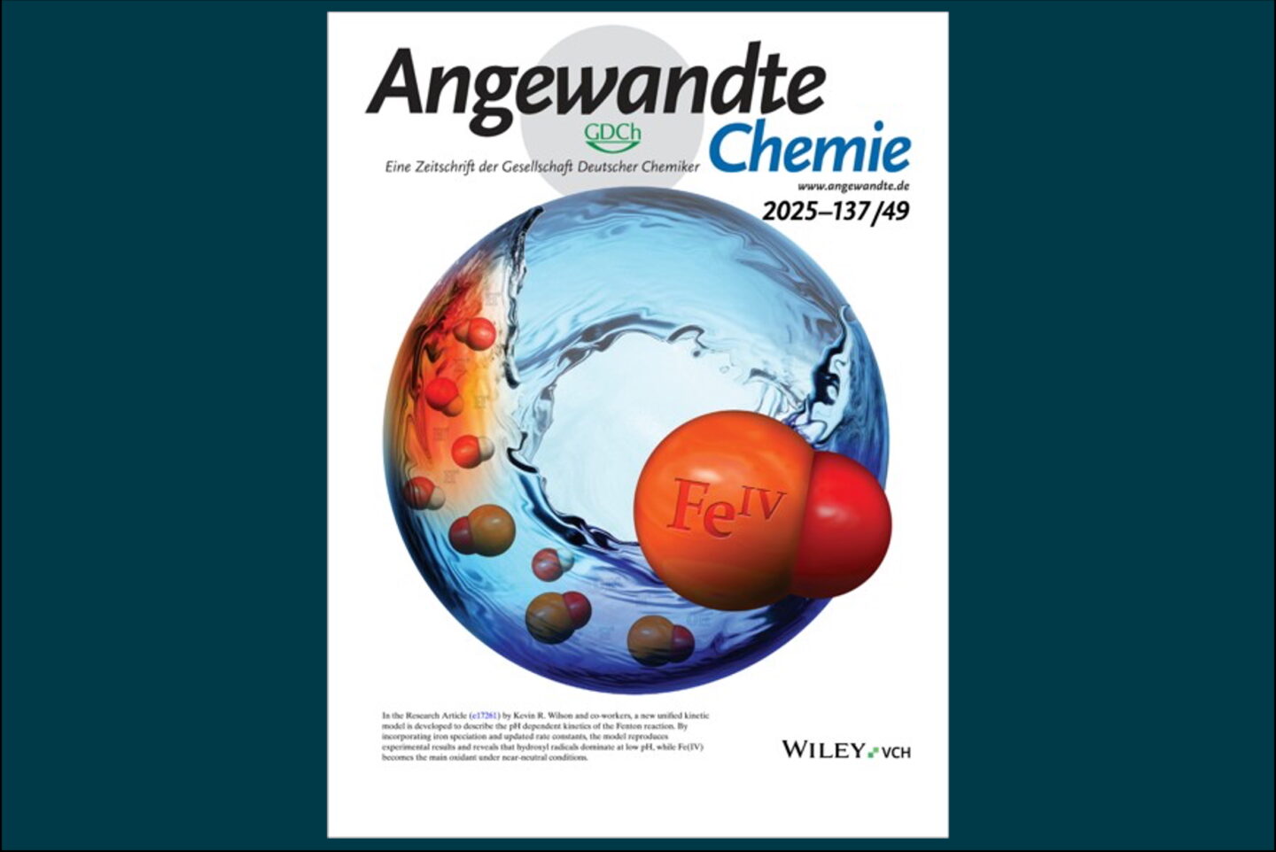 Angewandte Chemie journal cover showing artistic depiction of red molecules on background of water.